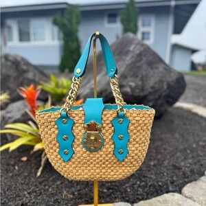 Michael Kors Straw Woven Tote Bag Turquoise Leather Gold Chain Small Summer Bag